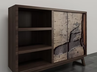 Modern Wooden Storage Cabinet with Open Shelves and Decorative Door Panels 3d model