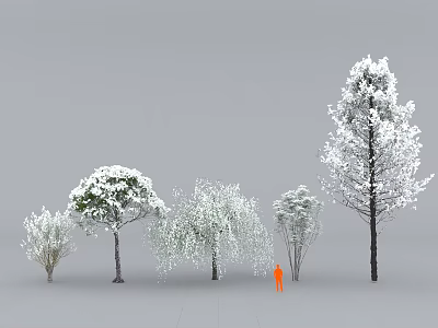Different Snow Covered Trees With Various Sizes And An Orange Figure 3d model
