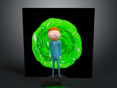 Cartoon Character In Blue Suit Standing With Green Vortex Creature Against Starry Background 3d model