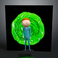 Cartoon Character In Blue Suit Standing With Green Vortex Creature Against Starry Background