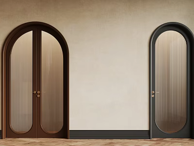 Brown and Black Arched Double Doors with Ribbed Glass Against Beige Wall 3d model