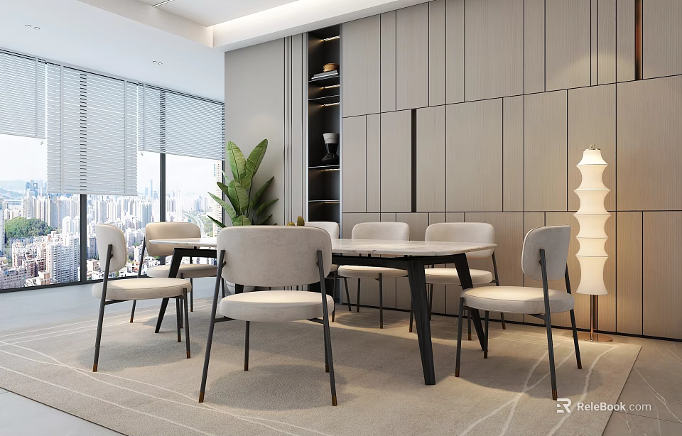 Modern Restaurant Interior With Wooden Wall Panels Dining Table And Floor To Ceiling Windows 3d model 
