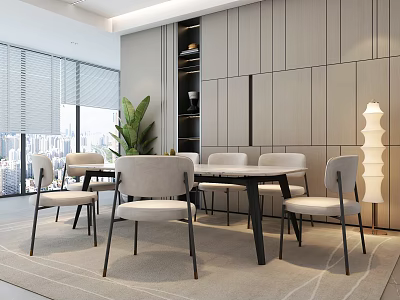 Modern Restaurant Interior With Wooden Wall Panels Dining Table And Floor To Ceiling Windows 3d model