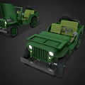 Two Green Vintage Open Top Jeeps With Headlights And Wheels