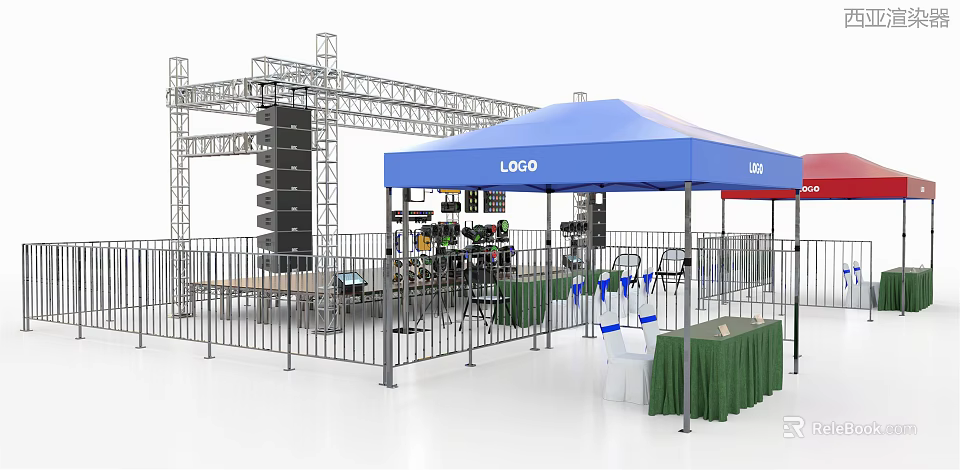 Industrial Equipment Outdoor Exhibition Setup With Blue Canopy Metal Frame Fencing Tables And Chairs 3d model 