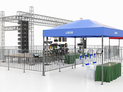 Industrial Equipment Outdoor Exhibition Setup With Blue Canopy Metal Frame Fencing Tables And Chairs 3d model