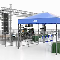 Industrial Equipment Outdoor Exhibition Setup With Blue Canopy Metal Frame Fencing Tables And Chairs