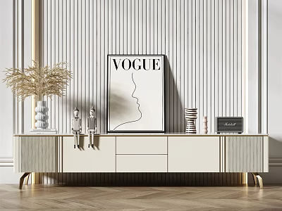 Modern Cream TV Stand With Striped Wall Decorative Vase Figurines Books And Radio 3d model