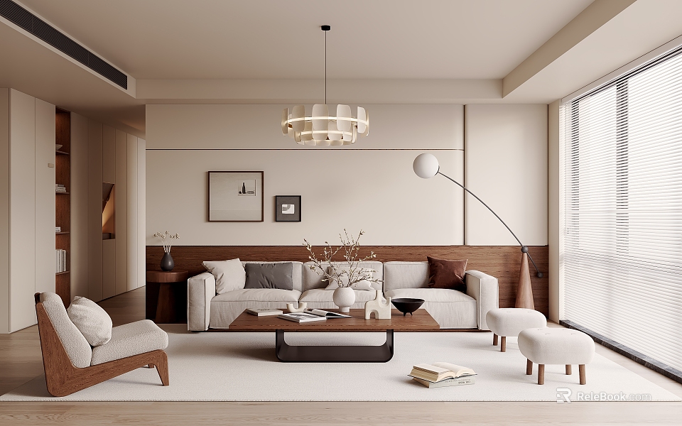 Modern Living Room Interior With Beige Sofa Brown Coffee Table Wall Art And Floor Lamp 3d model 
