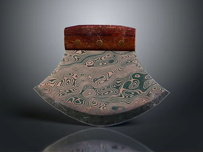 Traditional Handcrafted Axe with Swirl Patterned Blade Red Wooden Handle and Brass Rivet Accents 3d model