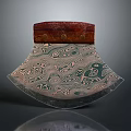 Traditional Handcrafted Axe with Swirl Patterned Blade Red Wooden Handle and Brass Rivet Accents