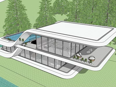 Modern Hotel Building Featuring Large Glass Walls Flat Roof Swimming Pool And Green Trees 3d model
