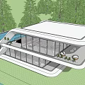 Modern Hotel Building Featuring Large Glass Walls Flat Roof Swimming Pool And Green Trees