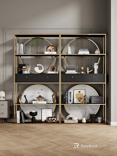 Elegant Gold Frame Display Shelf With Decorative Vases Sculptures Books And Photo Frames 3d model 