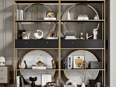 Elegant Gold Frame Display Shelf With Decorative Vases Sculptures Books And Photo Frames 3d model