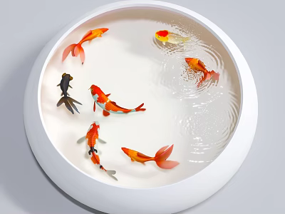White Round Aquarium with Colorful Koi Fish Swimming in Clear Water Ripples 3d model