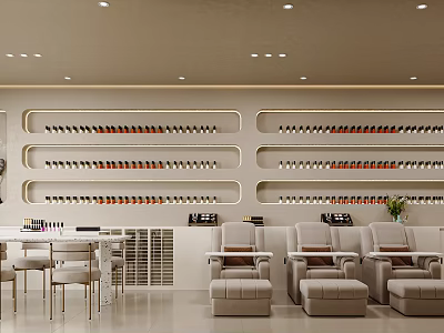 Luxury Modern Beauty Salon Interior Design With Neat Nail Polish Display And Comfortable Pedicure Chairs 3d model