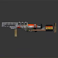 Mechanical Weapon with Metal Components Red Black Color Scheme Mounted on Wooden Stand
