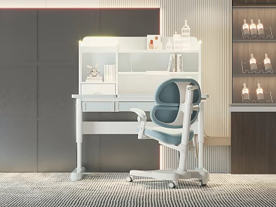 Modern White Desk and Blue Chair Set with Shelf Decor Books in Minimalist Study 3d model