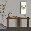 Elegant Chinese Style Console Table With Wooden Frame Woven Basket Ornament And Bamboo Plant