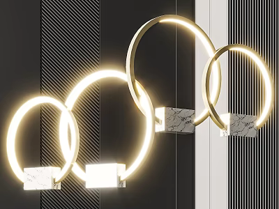 Modern Gold Ring Chandelier With Glowing Lights And Marble Base On Dark Striped Wall 3d model