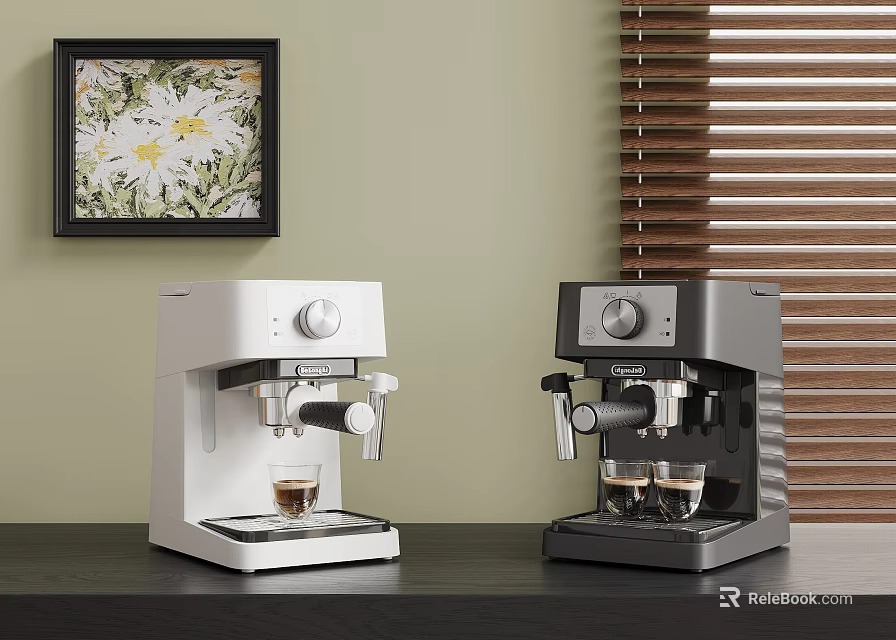 White And Gray Espresso Coffee Machines On Kitchen Counter With Wall Art 3d model 