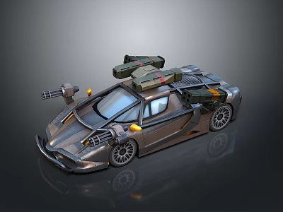 Silver Metallic Armored Car With Rocket Launcher And Side Machine Guns 3d model