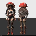 Fashionable Woman With Red Spotted Mushroom Hat Long Curly Hair And Leather Boots Outfit