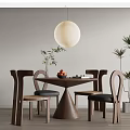Modern Minimalist Dining Table Set With Wooden Chairs Fruit Bowl And Pendant Light