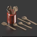 Stainless Steel Kitchen Utensil Set with Red Canister Spoons Forks Slotted and Serving Tools