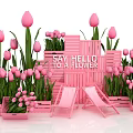 Pink Tulip Flower Displays in Wooden Planters with Deck Chairs and Hello Sign