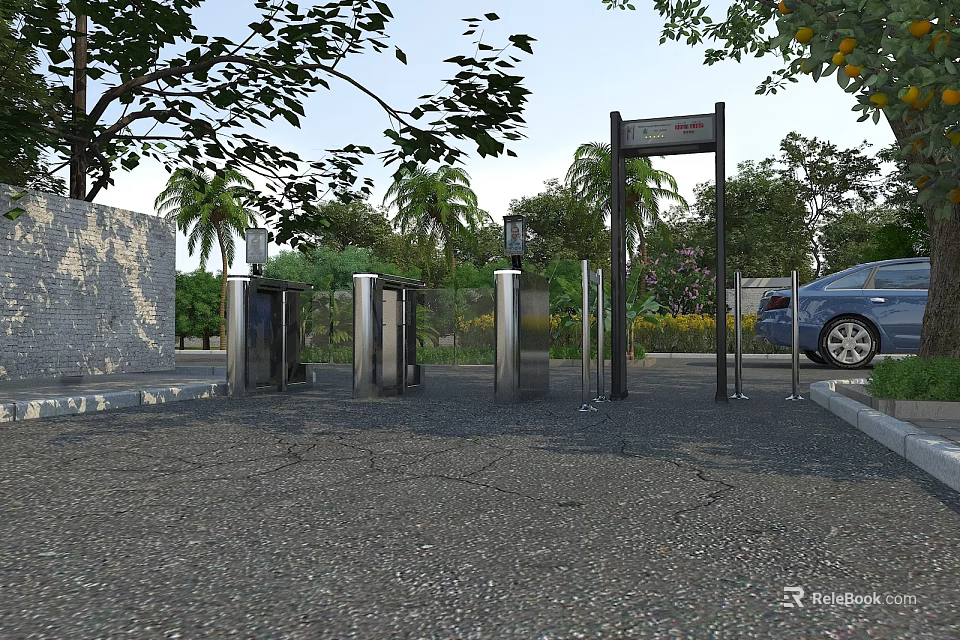 Outdoor Entrance With Stainless Steel Turnstiles Green Trees And Blue Car 3d model 