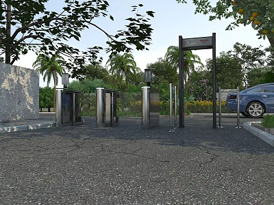 Outdoor Entrance With Stainless Steel Turnstiles Green Trees And Blue Car 3d model