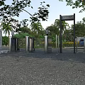 Outdoor Entrance With Stainless Steel Turnstiles Green Trees And Blue Car