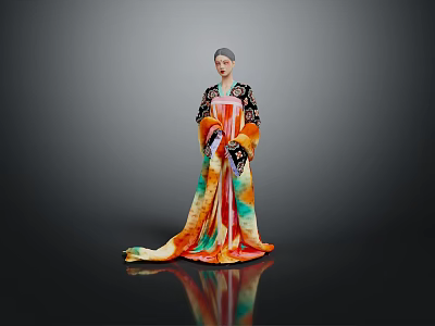 Elegant Female Character In Traditional Colorful Robe With Phoenix Pattern And Flowing Skirt Design 3d model