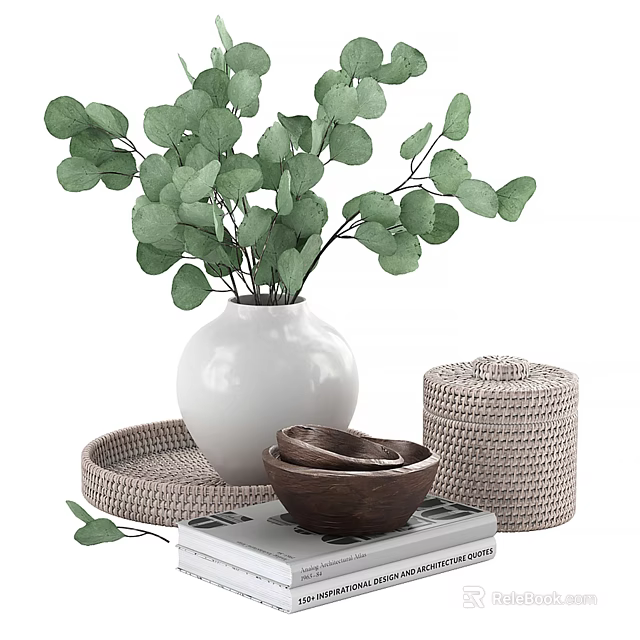 Decorative Ornament Set with White Vase Green Eucalyptus Woven Tray Wooden Bowls and Storage Box 3d model 