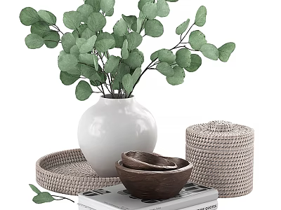 Decorative Ornament Set with White Vase Green Eucalyptus Woven Tray Wooden Bowls and Storage Box 3d model