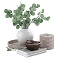 Decorative Ornament Set with White Vase Green Eucalyptus Woven Tray Wooden Bowls and Storage Box