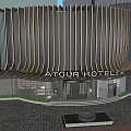 Modern Commercial Building Exterior With Curved Striped Facade And Glass Entrance Design