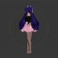 Two Anime Cat Eared Girls With Long Purple Hair Black Top Pink Skirt Holding Hands