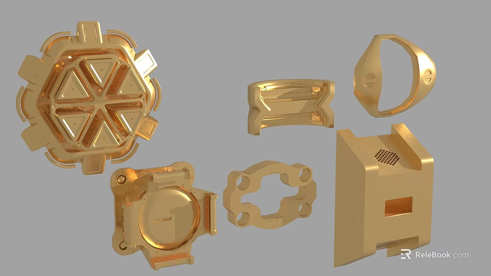 Golden Metal Mechanical Parts Showcasing Various Geometric Shapes And Industrial Designs 3d model 