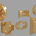 Golden Metal Mechanical Parts Showcasing Various Geometric Shapes And Industrial Designs
