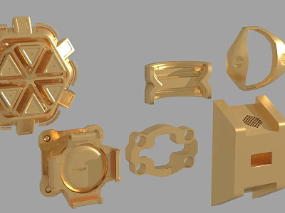 Golden Metal Mechanical Parts Showcasing Various Geometric Shapes And Industrial Designs 3d model