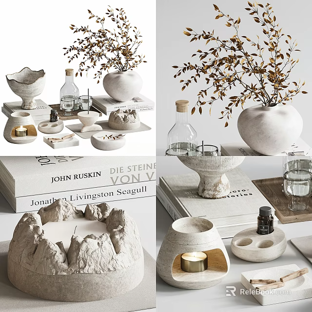 Minimalist Decorative Ornament Set With Ceramic Vases Candle Holders And Bowls For Home Tabletop 3d model 