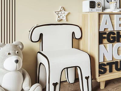 Adorable Kids Chair with Teddy Bear Star Decoration and Wooden Cabinet Alphabet Blocks 3d model