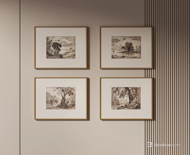 Four Framed Black And White Landscape Artworks On Light Colored Wall With Striped Accent 3d model 