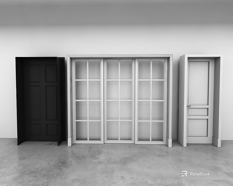 Modern Hinged Doors In Black And Silver With Panel And Glass Details 3d model 