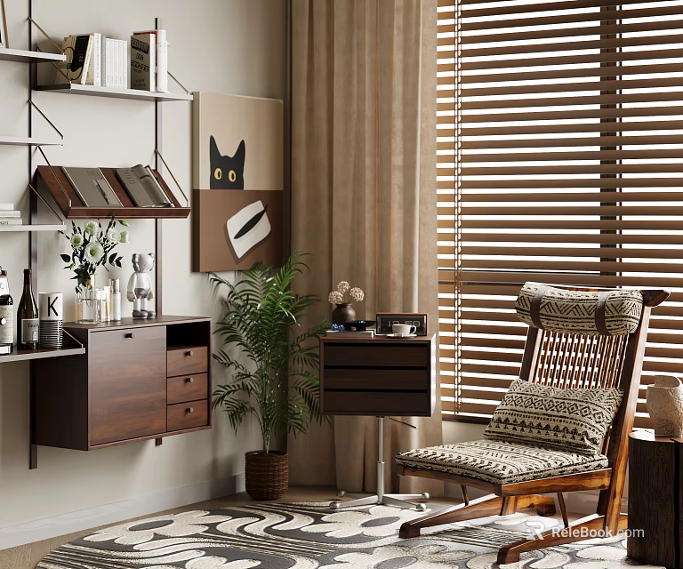 Modern Wall Mounted Bookshelf Interior With Wall Art Potted Plant And Rocking Chair 3d model 