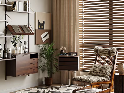 Modern Wall Mounted Bookshelf Interior With Wall Art Potted Plant And Rocking Chair 3d model