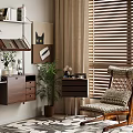 Modern Wall Mounted Bookshelf Interior With Wall Art Potted Plant And Rocking Chair